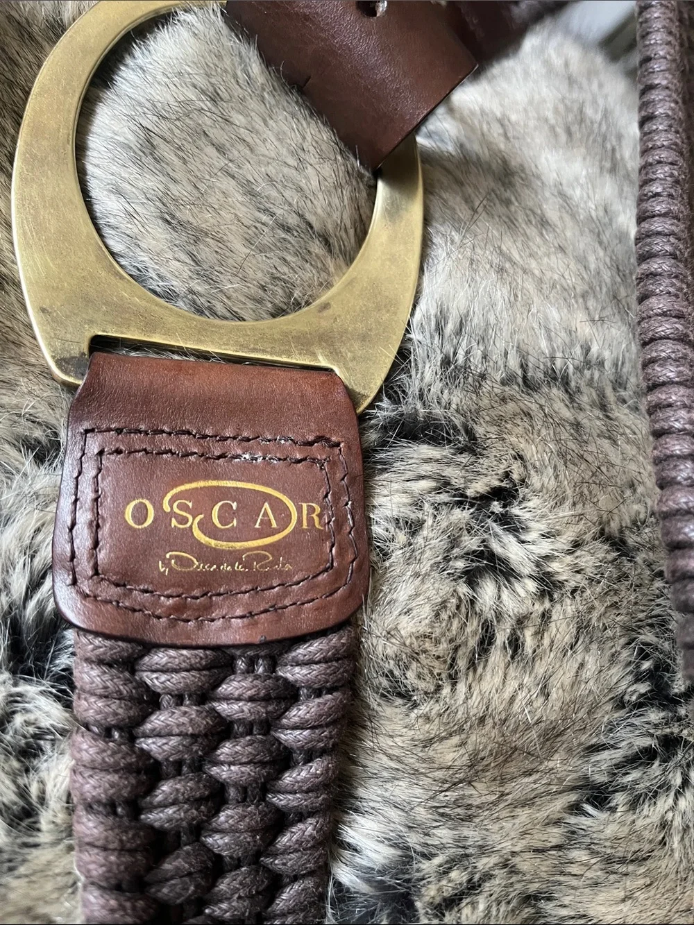 Oscar de la Renta Brown Woven Leather Belt with Brass Oval Buckle EUC